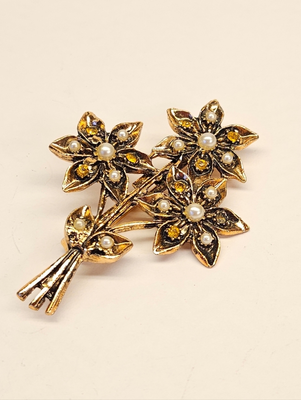 Faux Pearl & Yellow Rhinestone Brooch